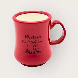 Vintage Western Sizzlin Red Plastic Coffee Mug Advertising Cow Theme